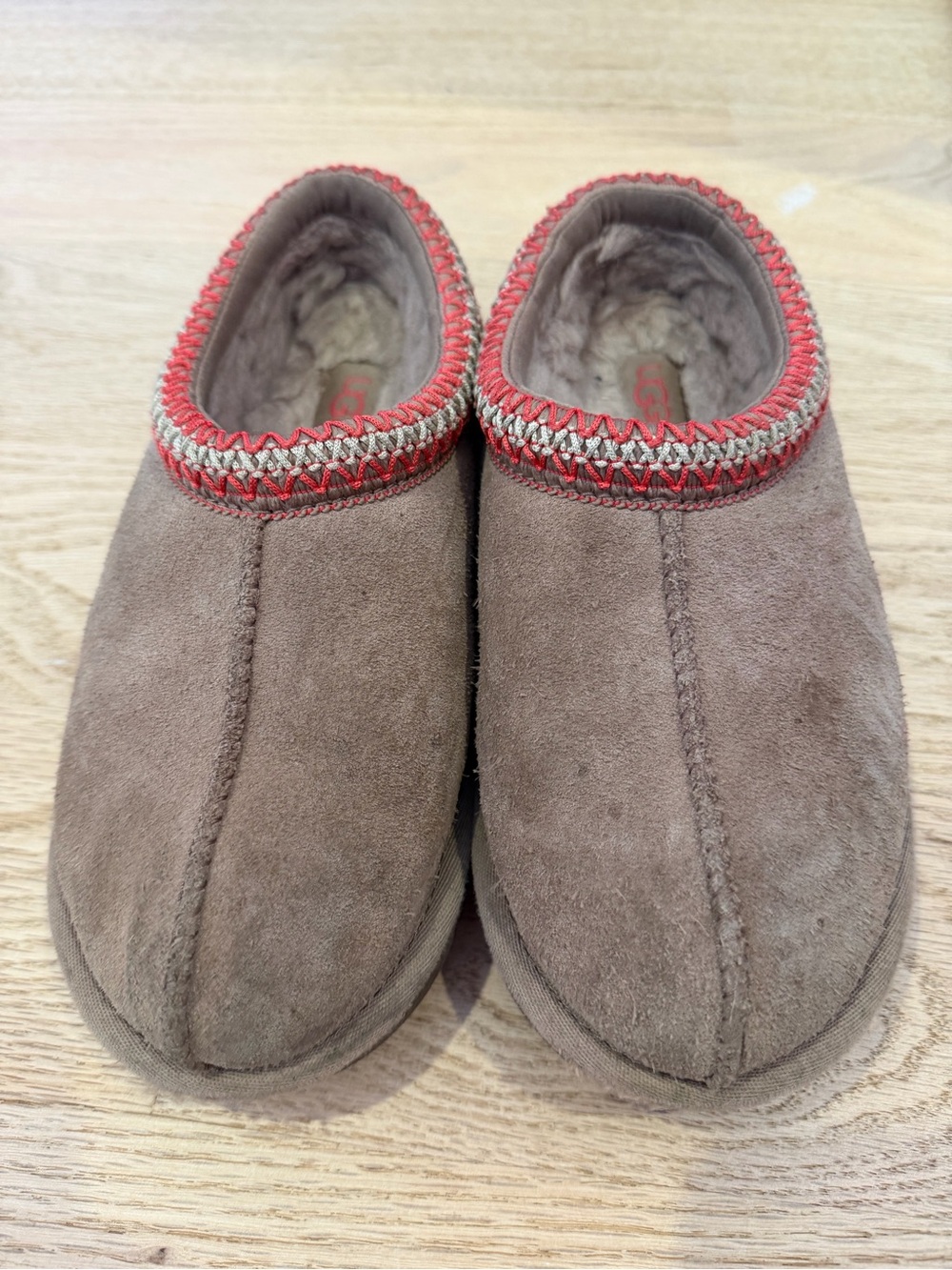UGG Women's Brown Suede Slip-On Slippers with Red Trim